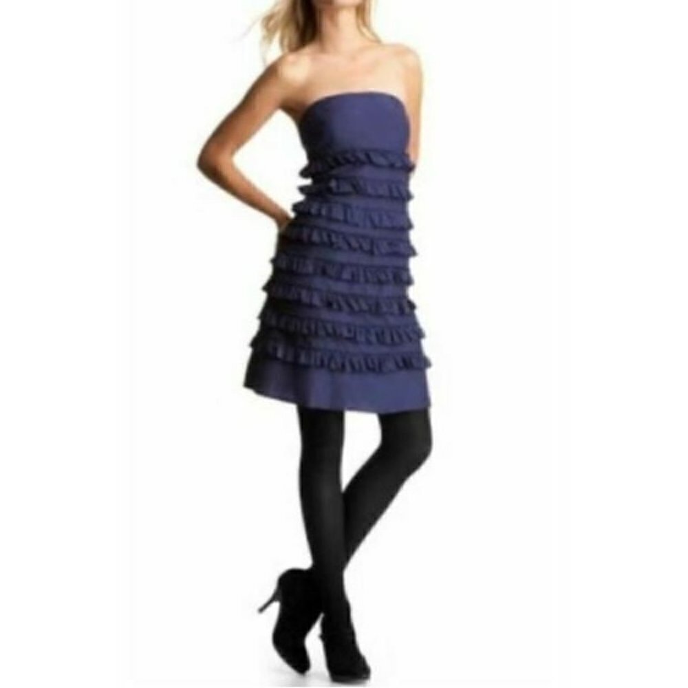 Gap Dress Womens Size 8 Blue Strapless Silk Tiered Ruffle Y2K Boho Cottagecore